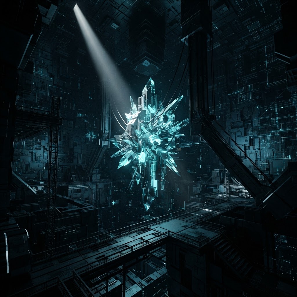 Abstract crystalline data core in darkness