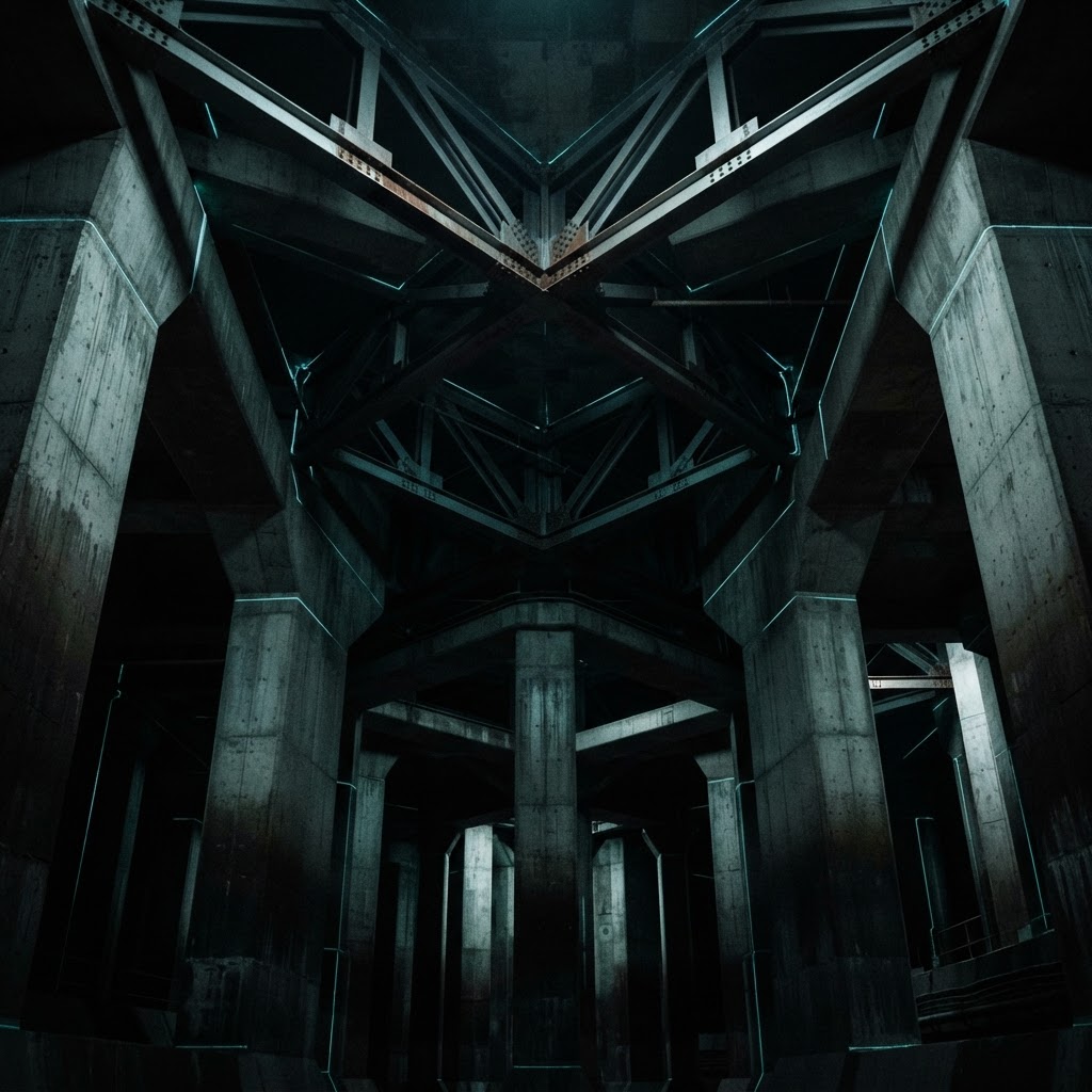 Dark architectural infrastructure: concrete pillars and steel trusses with cyan light